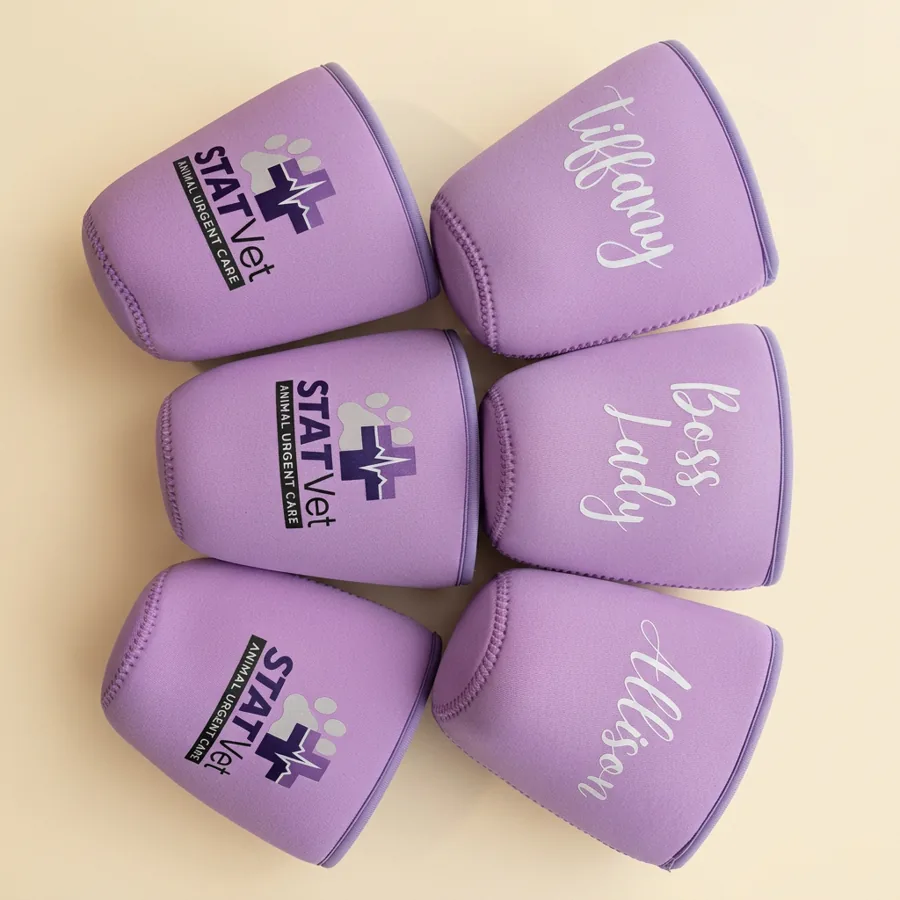 Lavender veterinary clinic logo and name drink sleeves