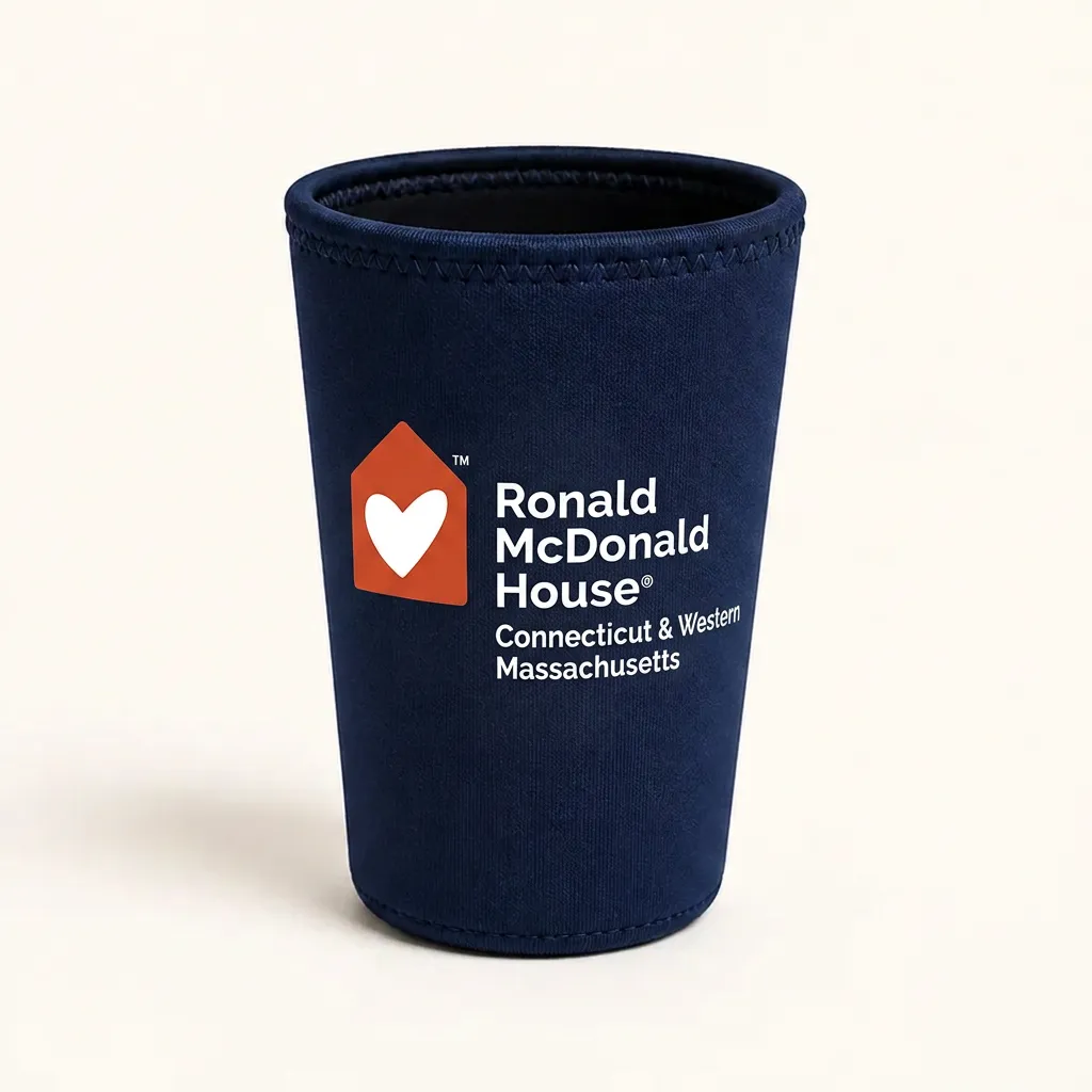 Navy blue corporate drink sleeve with a white logo placeholder on a cream background