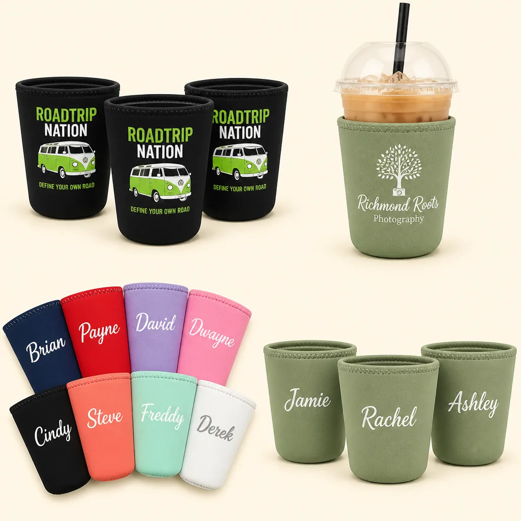 Custom printed drink sleeves with logos, names and brand artwork
