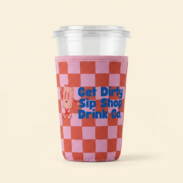 Checkered sleeve printed with a business logo and mascot